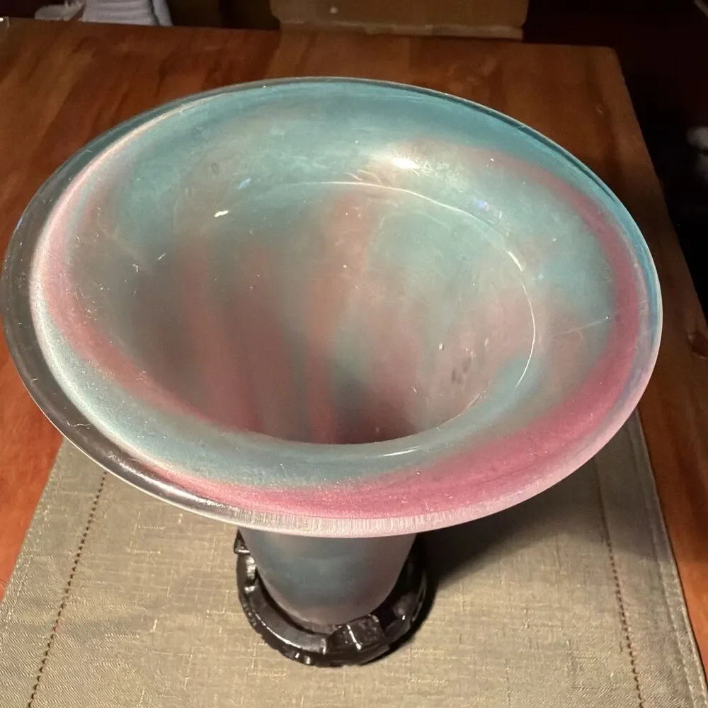 Vintage Irradescent Stretch Art Glass Vase- Hand Blown - Carved Wood Bottom 8.5”